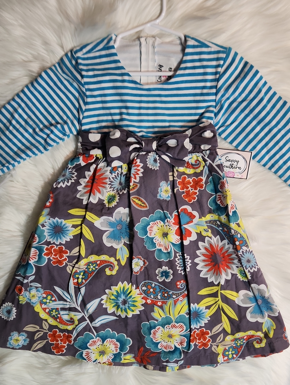 Blue Stripe & Floral Dress - Girls Size: 5 - Brand: Counting Daisies